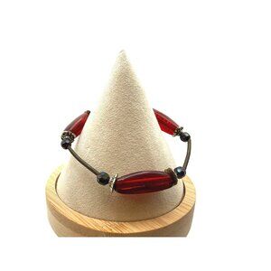 Red Glass Bead Bracelet with Coil Wire Design and Black Faceted Accents